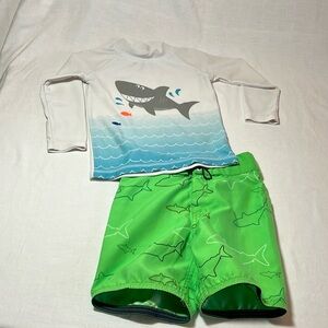 18M shark rash guard and swim trunks